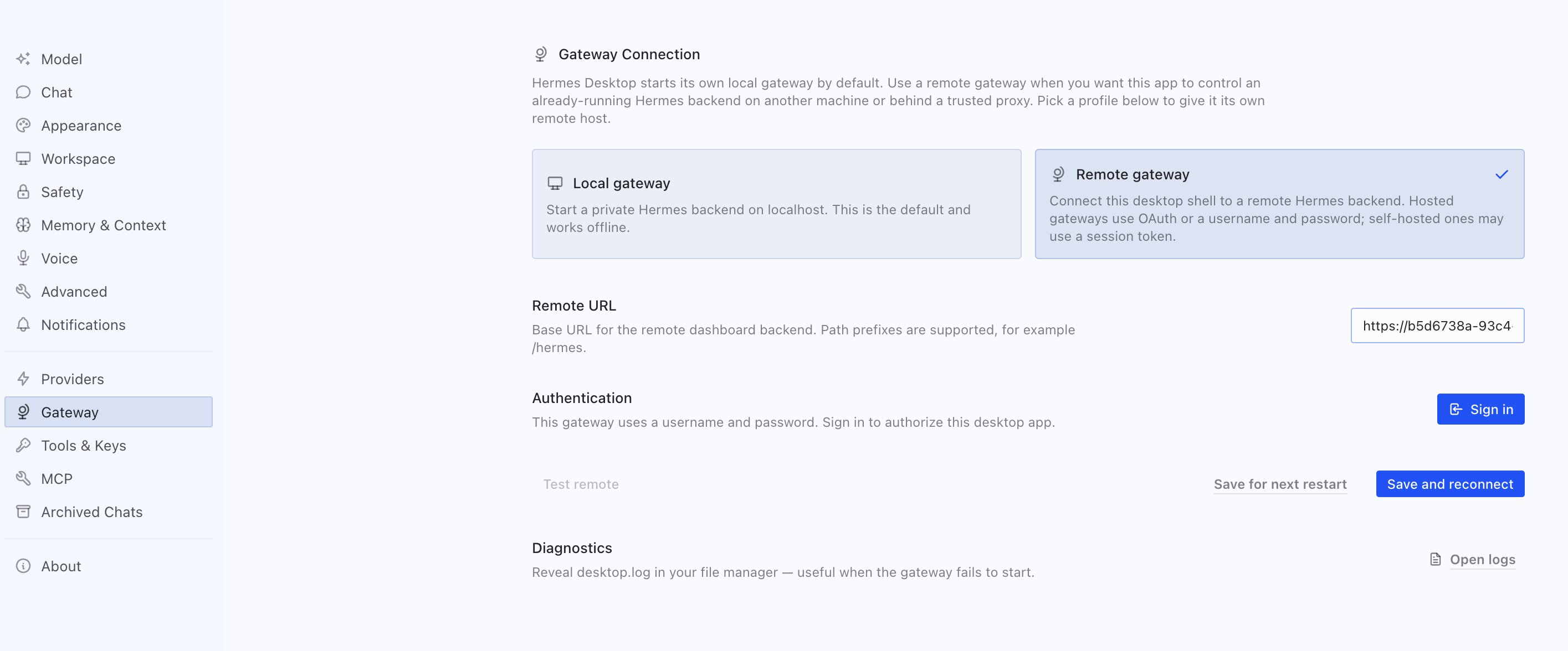 Hermes Desktop Gateway settings