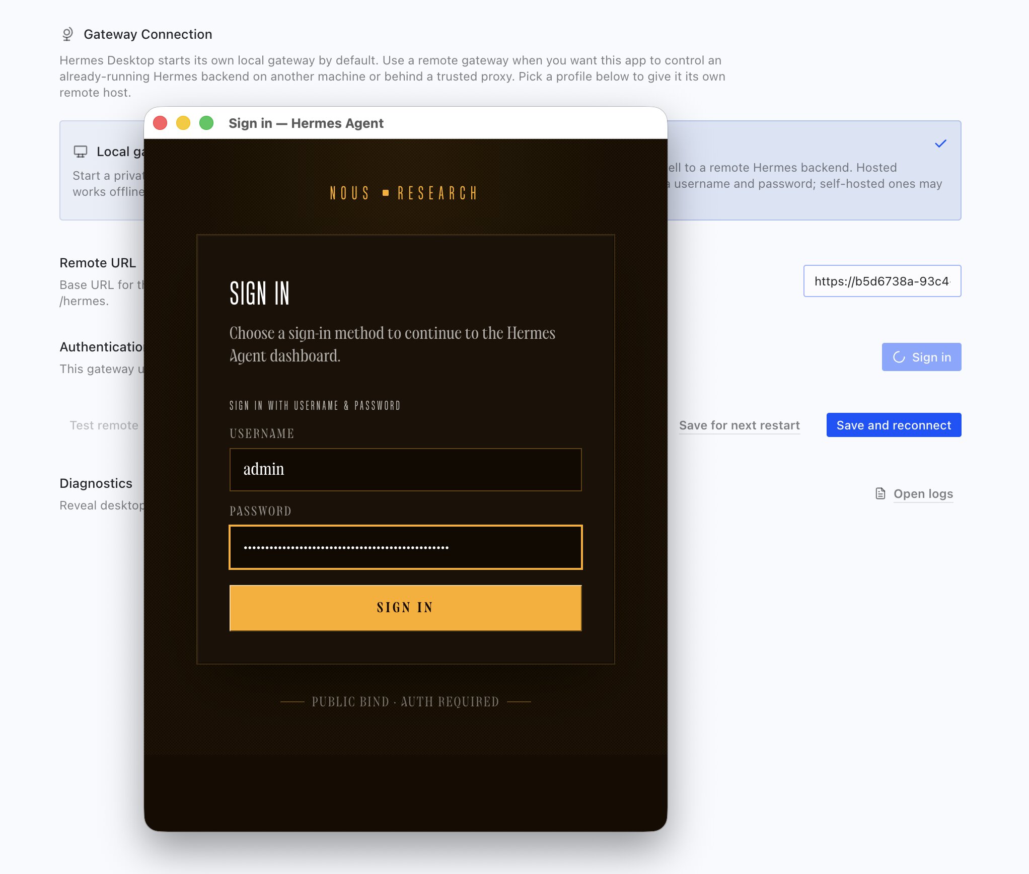 Hermes Desktop sign-in dialog