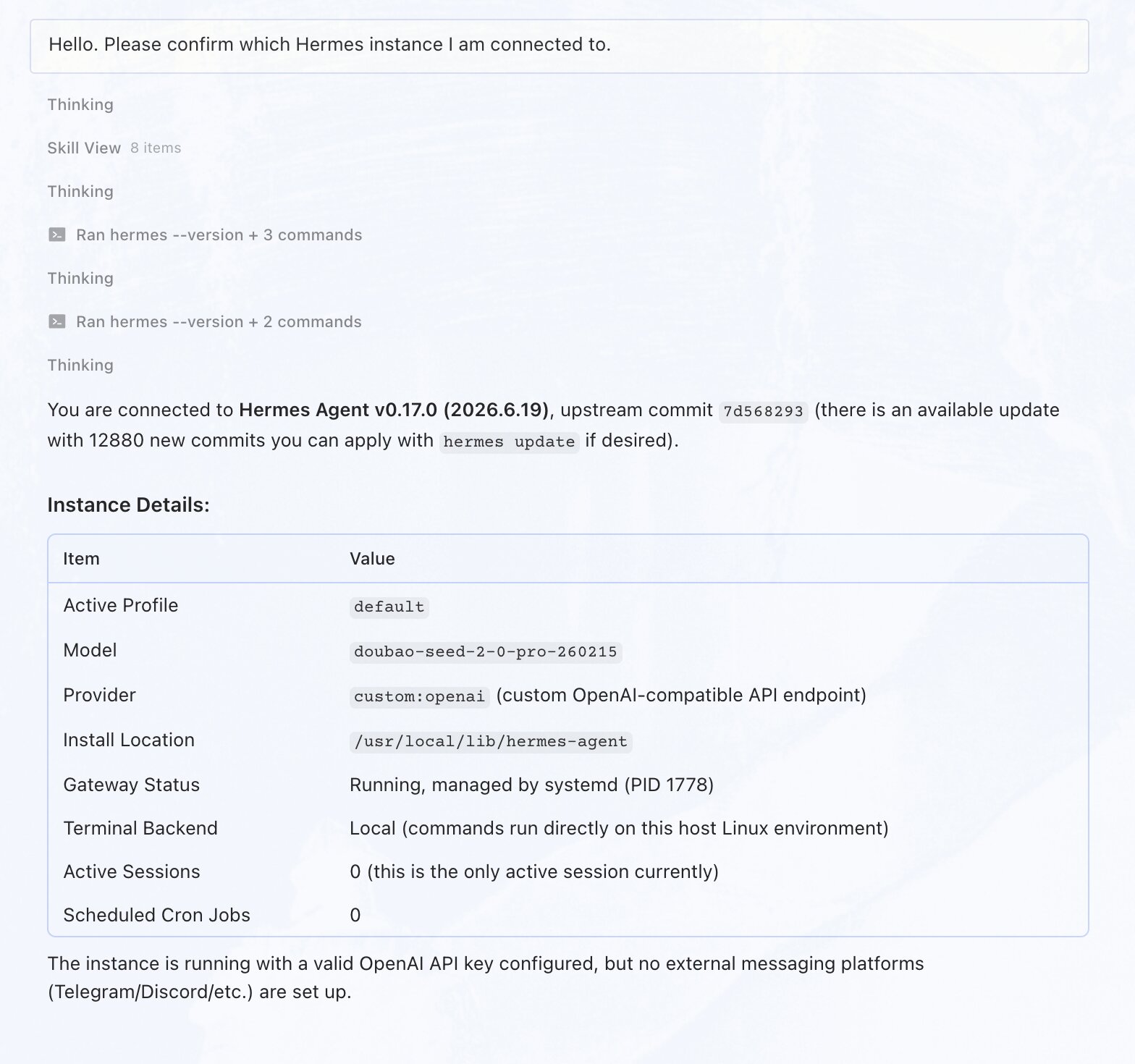 Verify the Hermes connection with a test chat