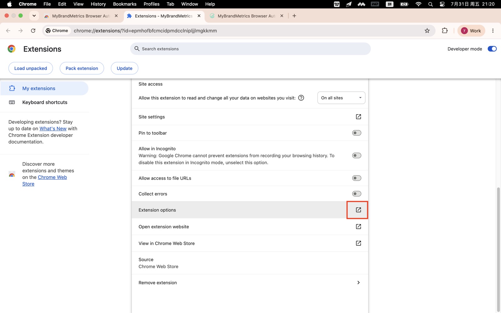 Open Extension options for MyBrandMetrics Browser Automation