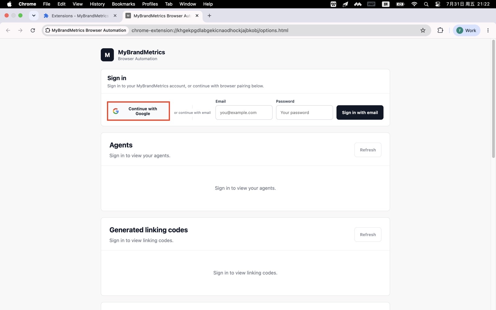 Choose Google sign in from Extension options